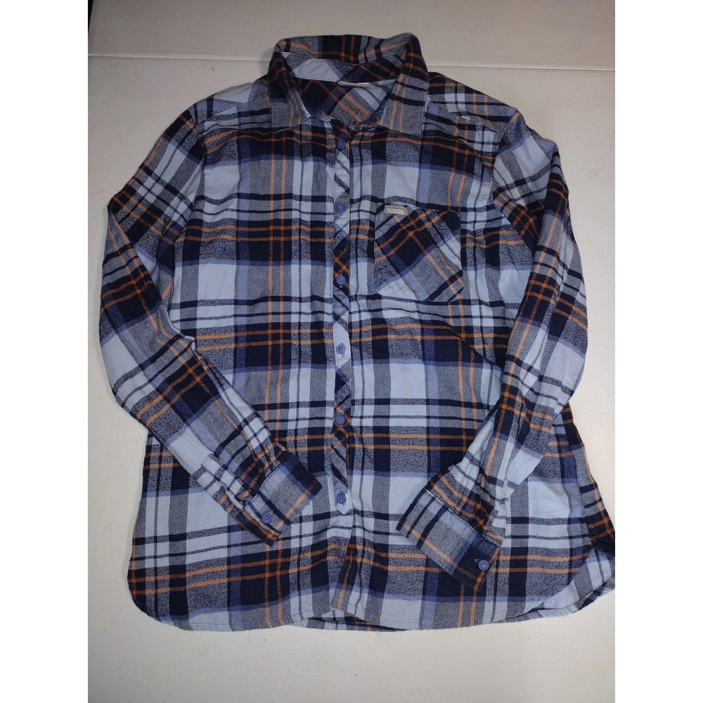 Columbia Womens Flannel Shirt Plaid Long Sleeve Button Up Blue‎ Orange L